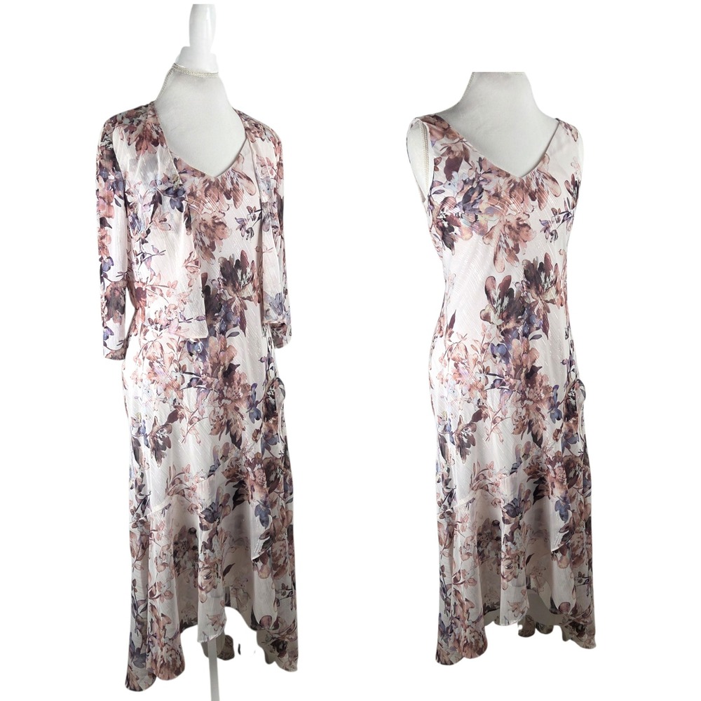 Vtg Floral Metallic Chiffon Tiered Maxi Dress and Cardigan 6 Fairy Hoco Ethereal